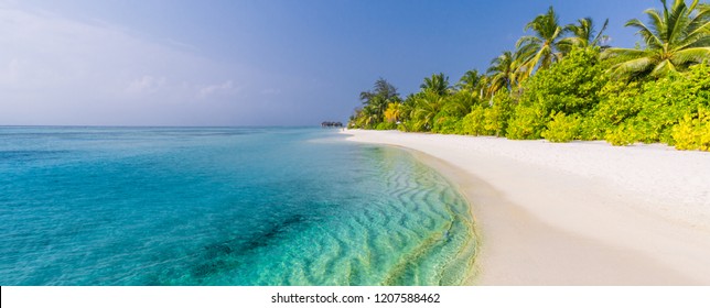 Amazing tropical island beach with white sand and coco palms travel tourism wide panoramic background concept. Luxury vacation and holiday banner design. Paradise beach panorama, tropical resort