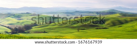 Amazing Tuscany panoramic landscape with green rolling hills in spring sunny morning