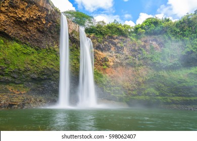 Amazing Twin Wailua Waterfalls On Kauai Island, Hawaii