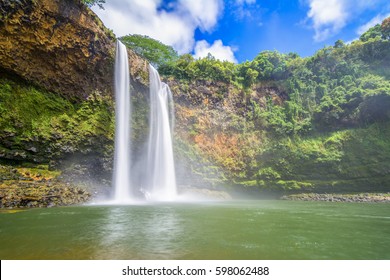 Amazing Twin Wailua Waterfalls On Kauai Island, Hawaii