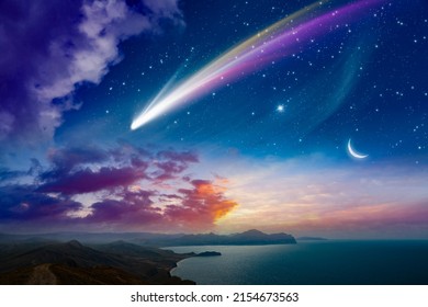 Amazing unreal background: giant colorful comet and rising crescent moon in starry sky over calm sea. Elements of this image furnished by NASA.