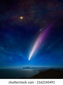Amazing unreal background: giant colorful comet in starry sky over calm sea and mountains. Comet is icy small Solar System body. Elements of this image furnished by NASA. - Shutterstock ID 2162145491