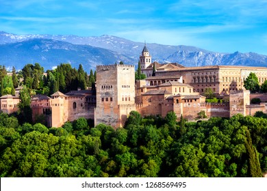 Amazing view of Ancient arabic fortress Alhambra at a sunny day, Granada, Spain. European travel landmark.