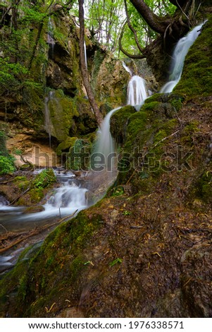 Amazing view Beautiful Bachkovo waterfalls cascade in Rhodopes Mountain, Plovdiv region, Bulgaria: 09 May 2021