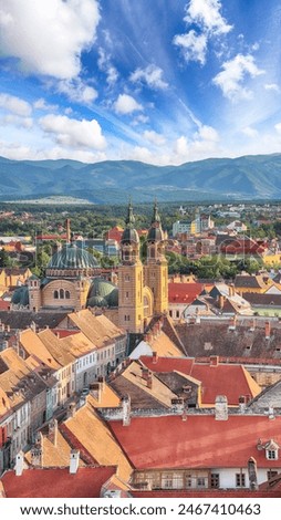 Amazing View from bell tower of St Mary Cathedral on the Old Town in Sibiu city. Impressive scene of Transylvania.  Location: Sibiu, Transylvania region, Romania, Europe