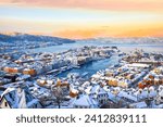 Amazing view of Bergen harbor in winter at sunrise, Norway