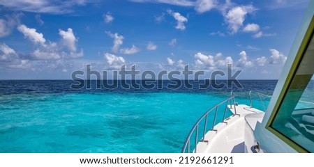 Amazing view from boat over clear sea water lagoon. Luxury travel, tropical blue turquoise Mediterranean panoramic seascape luxury white sailboat yacht. Beautiful exotic summer vacation leisure cruise