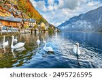 Amazing view of famous Hallstatt mountain village with Hallstatter lake. Popular travel destination. Location:  Hallstatt, Salzkammergut region, Austria, Alps. Europe.