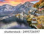 Amazing view of famous Hallstatt mountain village with Hallstatter lake. Popular travel destination. Location:  Hallstatt, Salzkammergut region, Austria, Alps. Europe.