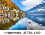 Amazing view of famous Hallstatt mountain village with Hallstatter lake. Popular travel destination. Location:  Hallstatt, Salzkammergut region, Austria, Alps. Europe.