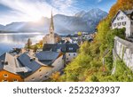 Amazing view of famous Hallstatt mountain village with Hallstatter lake. Popular travel destination. Location:  Hallstatt, Salzkammergut region, Austria, Alps. Europe.