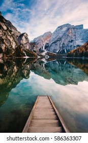 Amazing view of Lago di Braies (Pragser Wildsee), most beautiful lake in South Tirol, Dolomites mountains, Italy. Popular tourist attraction. Beautiful Europe. 