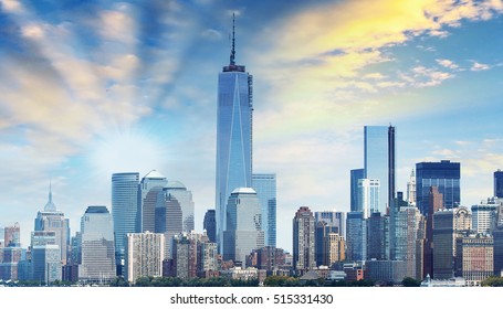 Amazing view of Lower Manhattan skyline from Hudson river - New York City.