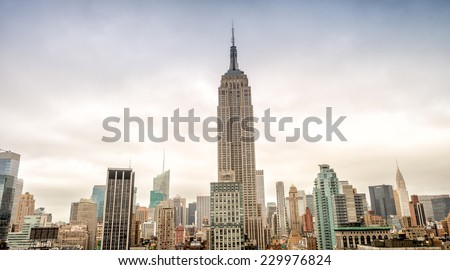 Amazing view of Manhattan skyline. City skyscrapers on a cloudy day.