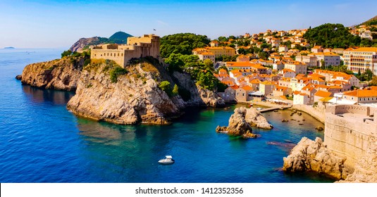 Amazing view on the Adriatic sea from the fortress walls of Dubrovnik, Croatia, with its historical old town, on a sunny summer day 