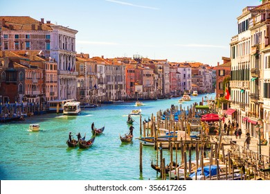 Amazing view on the beautiful Venice, Italy. Many gondolas sailing down one of the canals. - Shutterstock ID 356617265