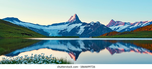 Amazing view on Bernese range above Bachalpsee lake. Popular peaks Eiger, Jungfrau and Faulhorn. Switzerland alps, Grindelwald valley - Shutterstock ID 1864699726