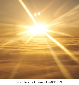 Amazing View From Plane On The Orange Sky, Sunset Sun And Clouds