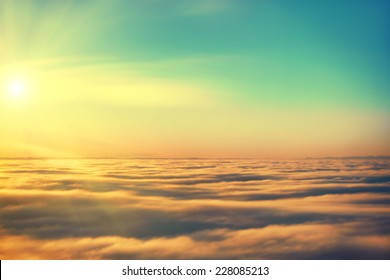 Amazing View From Plane On The Sky, Sunset Sun And Clouds