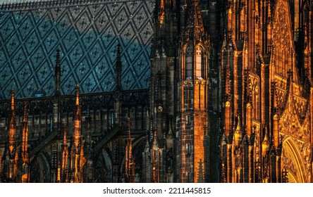 Amazing View With Prague Castle And Saint Vitus Cathedral Close Up Detail Architecture During A Beautiful Autumn Sunset. Travel To Czech Republic.