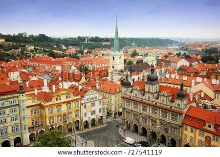Amazing view of the roofs of buildings and Church of St. Thomas in Prague from the top of St Nicholas Bell Tower