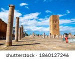 Amazing view of the  square with Hassan tower at Mausoleum of Mohammed V in Rabat on sunny day. Location:  Rabat, Morocco, Africa. Artistic picture. Beauty world