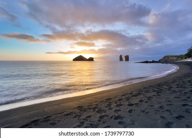 Amazing view of sunset at Mosteiros beach, Sao Miguel, Azores, Portugal