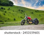 Amazing view of Turda Gorge (Cheile Turzii) natural reserve with motorcycle on parking. Location: near Turda close to Cluj-Napoca, in Transylvania, Romania, Europe