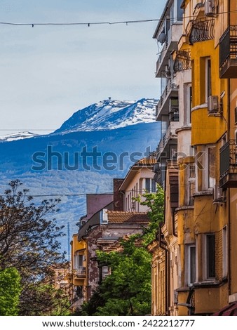 Amazing view of Vitosha mountain from the streets of Sofia, Bulgaria. Old buildings and green trees. High quality photo.