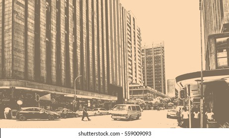 Amazing Vintage Of City Life. Black And White Photography. Urban Landscape. CBD Lifestyle. People Walk In The City. Matte Background. Streets Of The City. Stunning Retro View