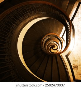 Amazing vintage spiral staircase looking down the stairwell five floors  - Powered by Shutterstock