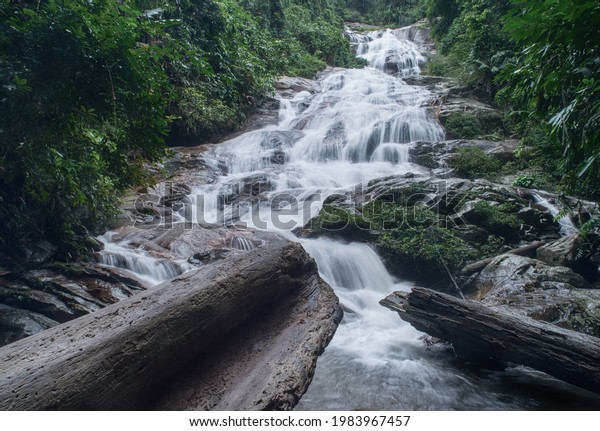 Amazing waterfall in green forest,The\
terrestrial Halaza Waterfall is in Bang Lang National Park Tham\
Thalu , Bannang Sata , Yala\
Thailand