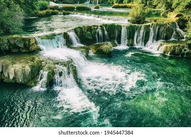 Amazing waterfalls at Krka National Park in Croatia, beautiful landscape, travel attraction, summer touristic concept
