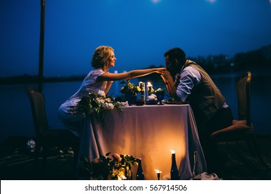 Amazing Wedding Couple Near The River At Night 
