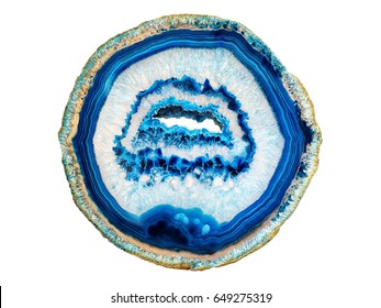 Amazing white blue Agate Crystal cross section isolated on white background. Natural translucent agate crystal surface, Blue abstract structure slice mineral stone macro closeup