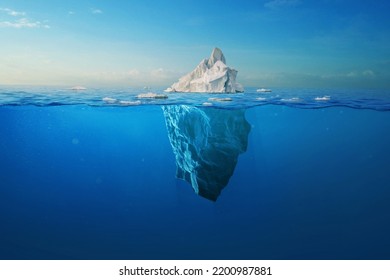 Amazing white iceberg floats in the ocean with a view underwater. Hidden Danger and Global Warming Concept. Tip of the iceberg. Half underwater. Greenland
