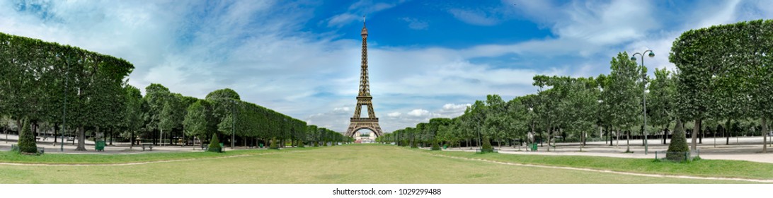 Amazing wide panorama of Champs de Mars and Eiffel tower in paris, no people