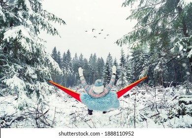 Amazing Winter Day In Wooden Forest With Snow, Relaxing Woman In A Cozy Hammock