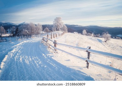 amazing winter landscape with mountains on horizon. fir trees covered with snow. beautiful winter landscape. Carpathian mountains. Ukraine - Powered by Shutterstock