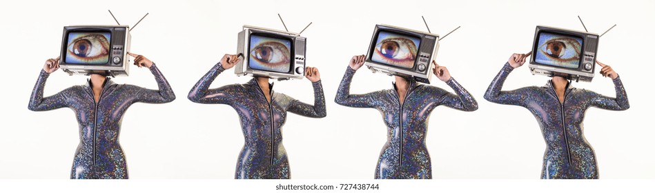 Amazing Woman Dancing And Posing With A Television As A Head. The Tv Has A Large Eye On It