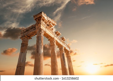 Amazingly Temple of Apollon ancient ruins. Apollon temple in Side antique city, Antalya, Turkey.