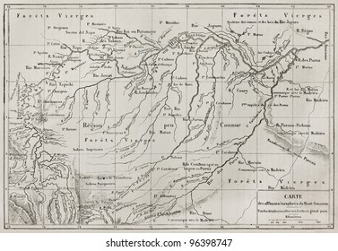 Amazon basin map (unexplored Amazon tributaries reported by French explorer Paul Marcoy). By unidentified author, published on Le Tour du Monde, Paris, 1867