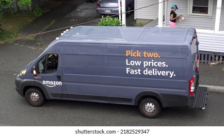 Amazon Driver Delivers Mail Package Ordered Online, Revere Massachusetts USA, July 18 2022