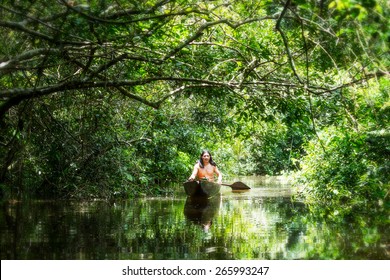 amazon ecuador brazil jungle wildlife tribe indian cuyabeno rainforest amazonia amazonian forest indigenous adult man on typical wooden boat sliced from a single timber cruising misty waters of ecuado - Shutterstock ID 265993247