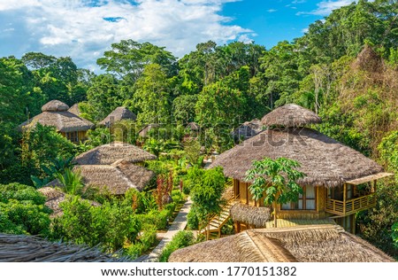 Amazon rainforest lodge in summer, Yasuni national park, Ecuador.