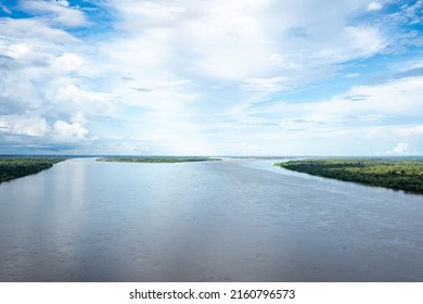 Amazon River Aerial View. Tropical Green Rainforest In Peru, South America. Bird's-eye View.