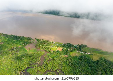 Amazon River Aerial View. Tropical Green Rainforest In Peru, South America. Bird's-eye View.