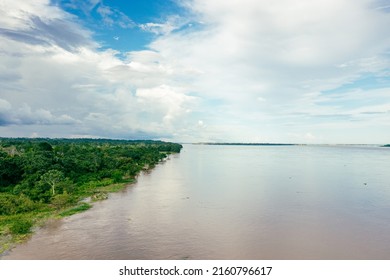 Amazon River Aerial View. Tropical Green Rainforest In Peru, South America. Bird's-eye View.