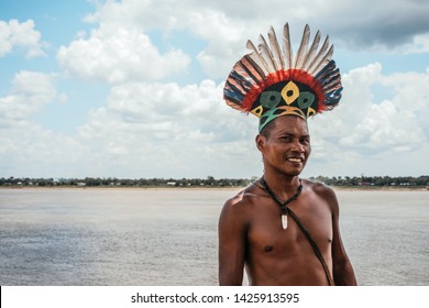 Amazon River/Colombia - October 16 2019:  Tikuna Man In Front Of Amazon River