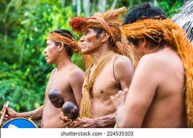 AMAZONIA, PERU - NOV 10, 2010: Unidentified Amazonian Local Musicians. Indigenous People Of Amazonia Are Protected By COICA (Coordinator Of Indigenous Organizations Of The Amazon River Basin)